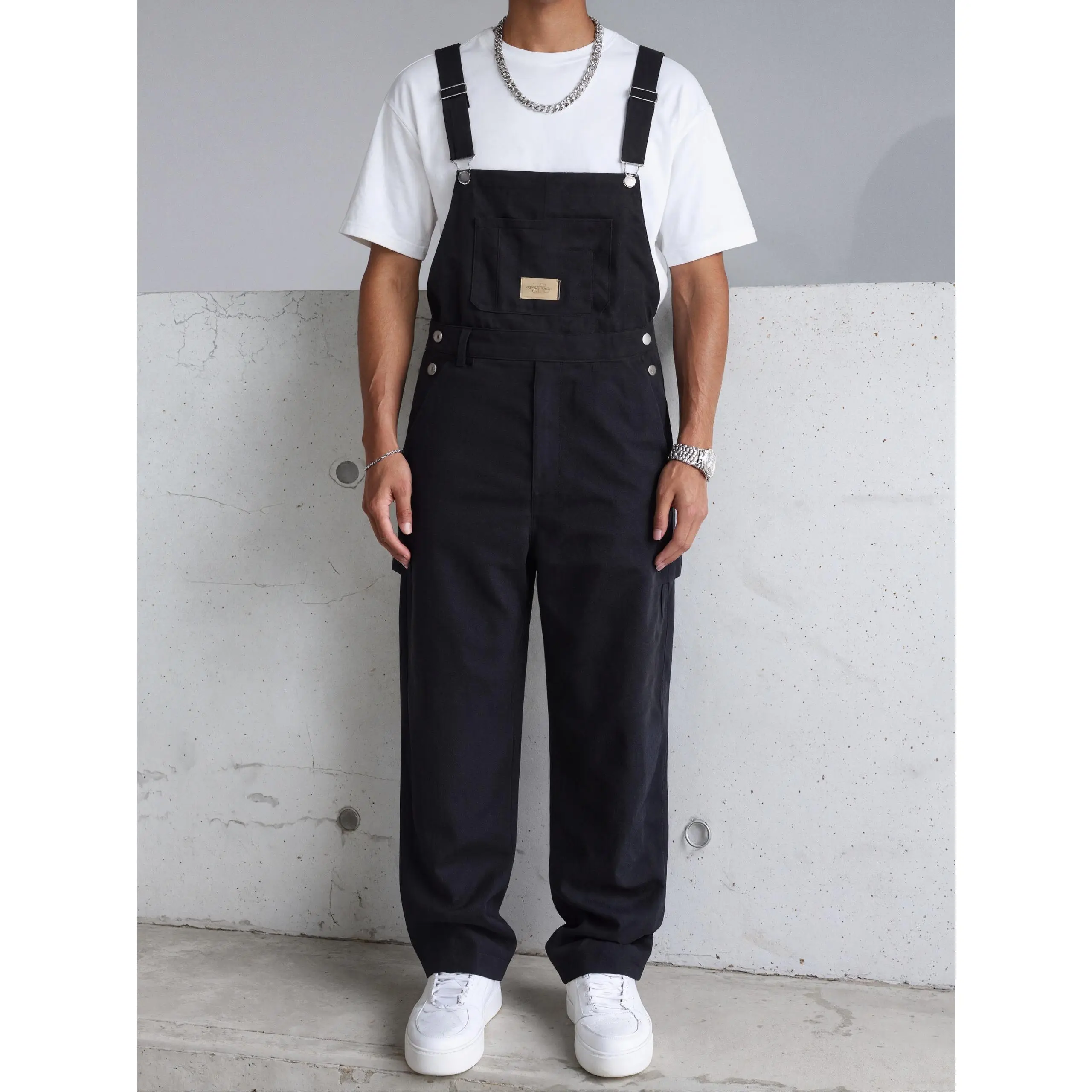 Men's Black Denim Overalls,Black Wide Leg Cargo Dungarees,Y2K Streetwear Classic Workwear Bib Overalls,Summer Casual Clean Fit Jumpsuit