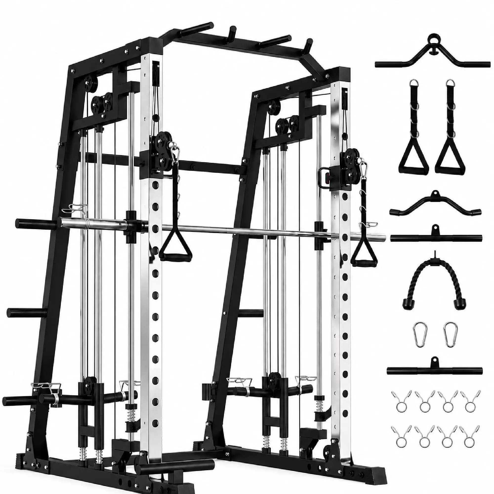 2200LB Commercial Smith Machine Home Gym – Dual Independent Pulley Cables, LAT Pulldown, Leg Hold-Down, Pull-Up Bar, Landmine, J-Hooks, Multi-Function Strength Training Squat Rack for Home & Commercial Use, Power Cage Only
