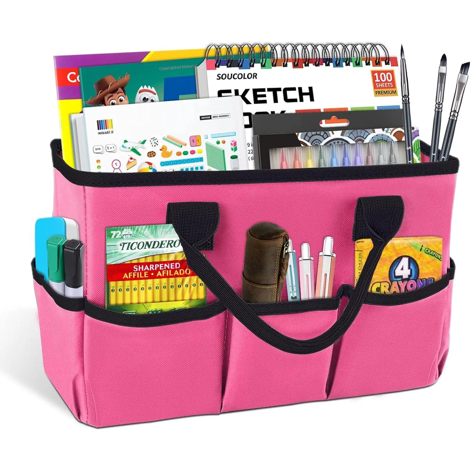 Pink Desktop Tote Organizer with Handles - Compact Fold, Side Pockets, Office/Travel Use, Teacher Helper Caddy for Arts, Books, Stationery, Desk Organization, Makeup Storage