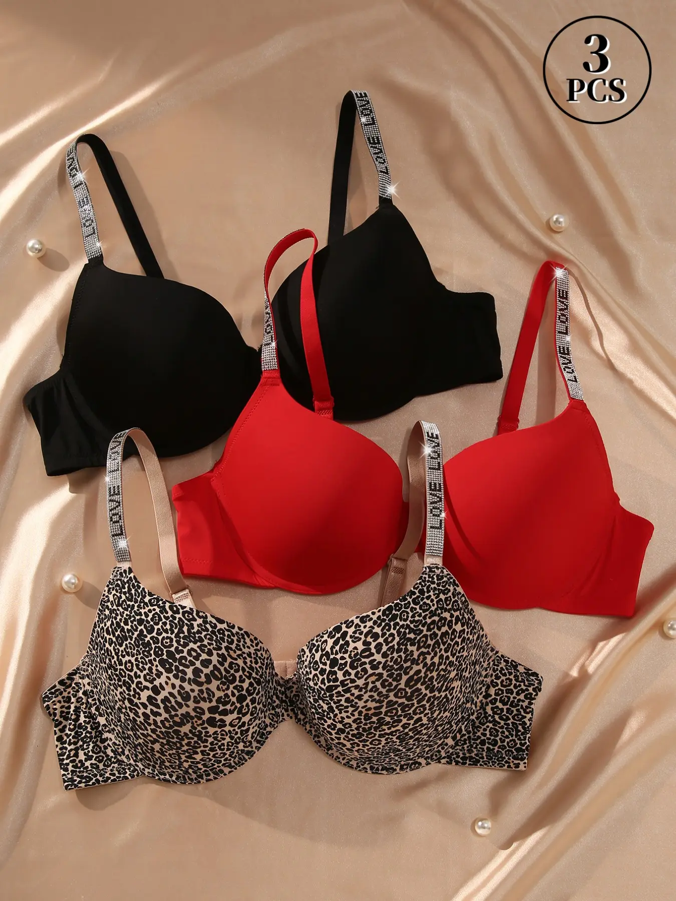3PCSWomen's Plus Size Smooth Underwire Bra, LOVE Letter Rhinestone Adjustable Straps, Seamless Lifting & Gathering Cups, Adjustable Back, Supportive Daily Bra for Large Busts, Bras with Underwire