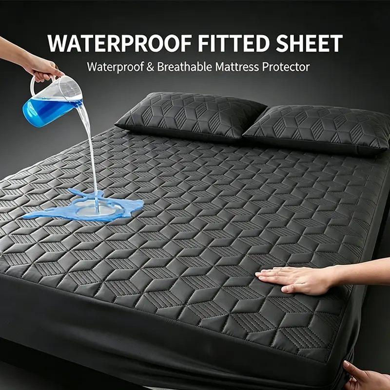 Waterproof Quilted Fitted Sheet Set with 2 Pillowcases, Breathable Deep Pocket Mattress Protector with All-Around Elastic, Stain Liquid Proof Soft Mattress Cover for Queen King Single Bed Bedroom Daily Use