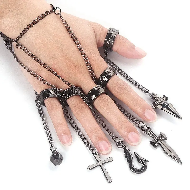 Hunter X Hunter Kurapika Hand Chain, Anime 5 Finger Rings Bracelet with Cross, Dagger, Fish Hook Charms, HXH Cosplay Metal Hand Harness Jewelry, Anime Fan Streetwear Accessory, Birthday Gift for Hunter X Hunter Collectors Teens