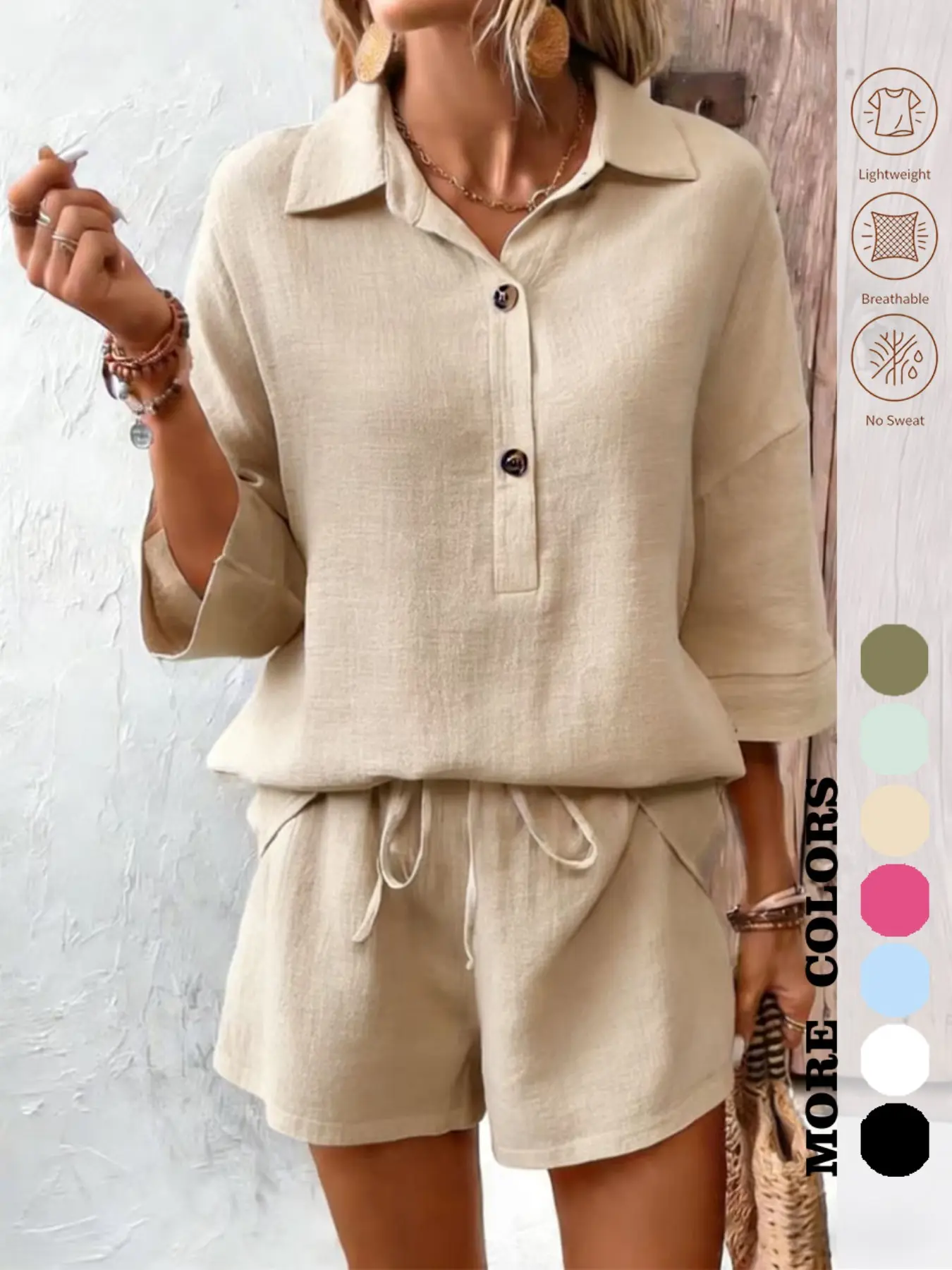 Spring Summer Women's Basic Plain Button Front Short Sleeve Shirt, Casual Loose-Fit Baggy Set with Above Knee Shorts, Light Breathable Fabric for Elegant Style Outfit