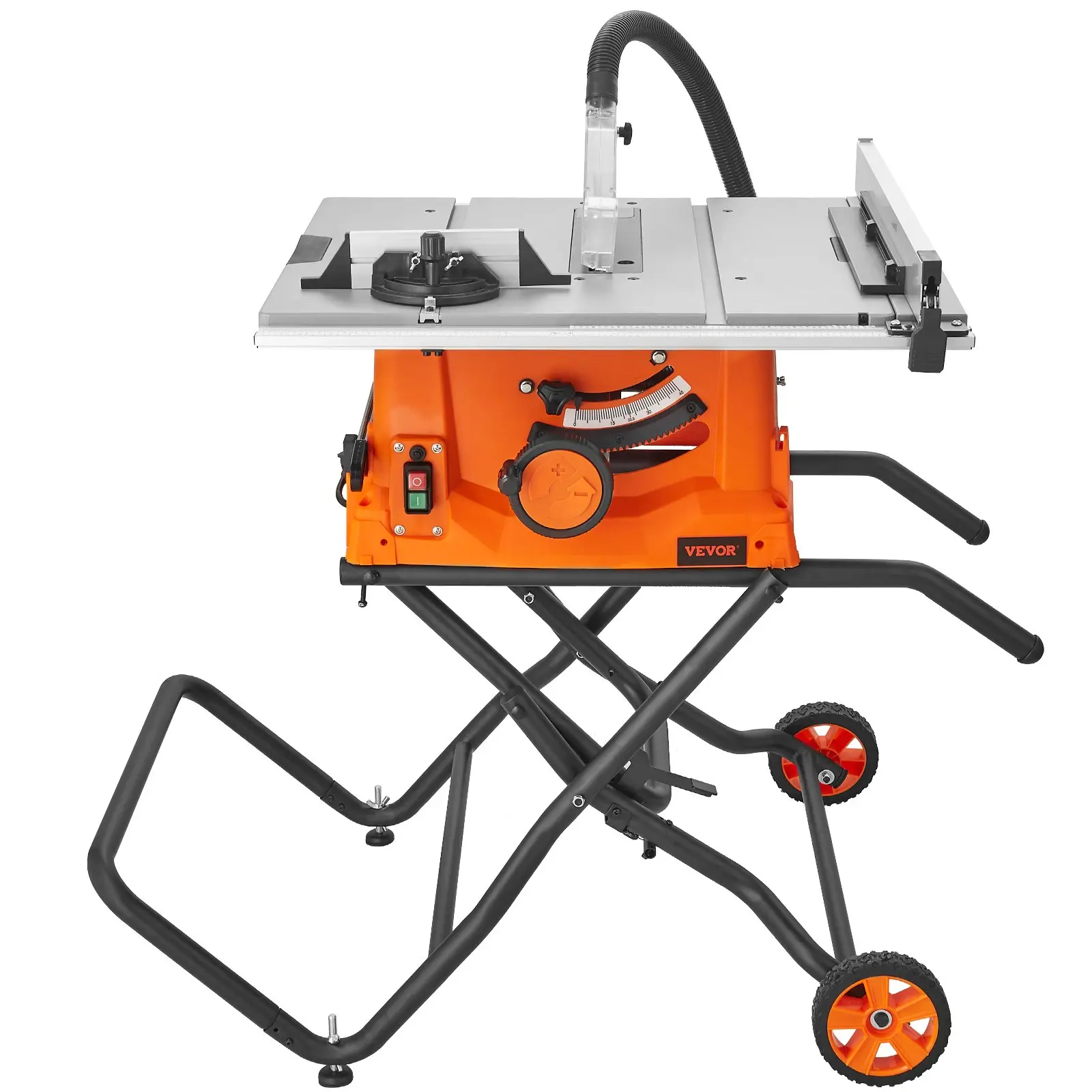 VEVOR Table Saw with Stand, 10-inch 15-Amp, Max Rip 25-in, Speed to 5000RPM, 40T Blade, Compact Portable Jobsite Saw with Sliding Miter for Wood Furniture Crafting