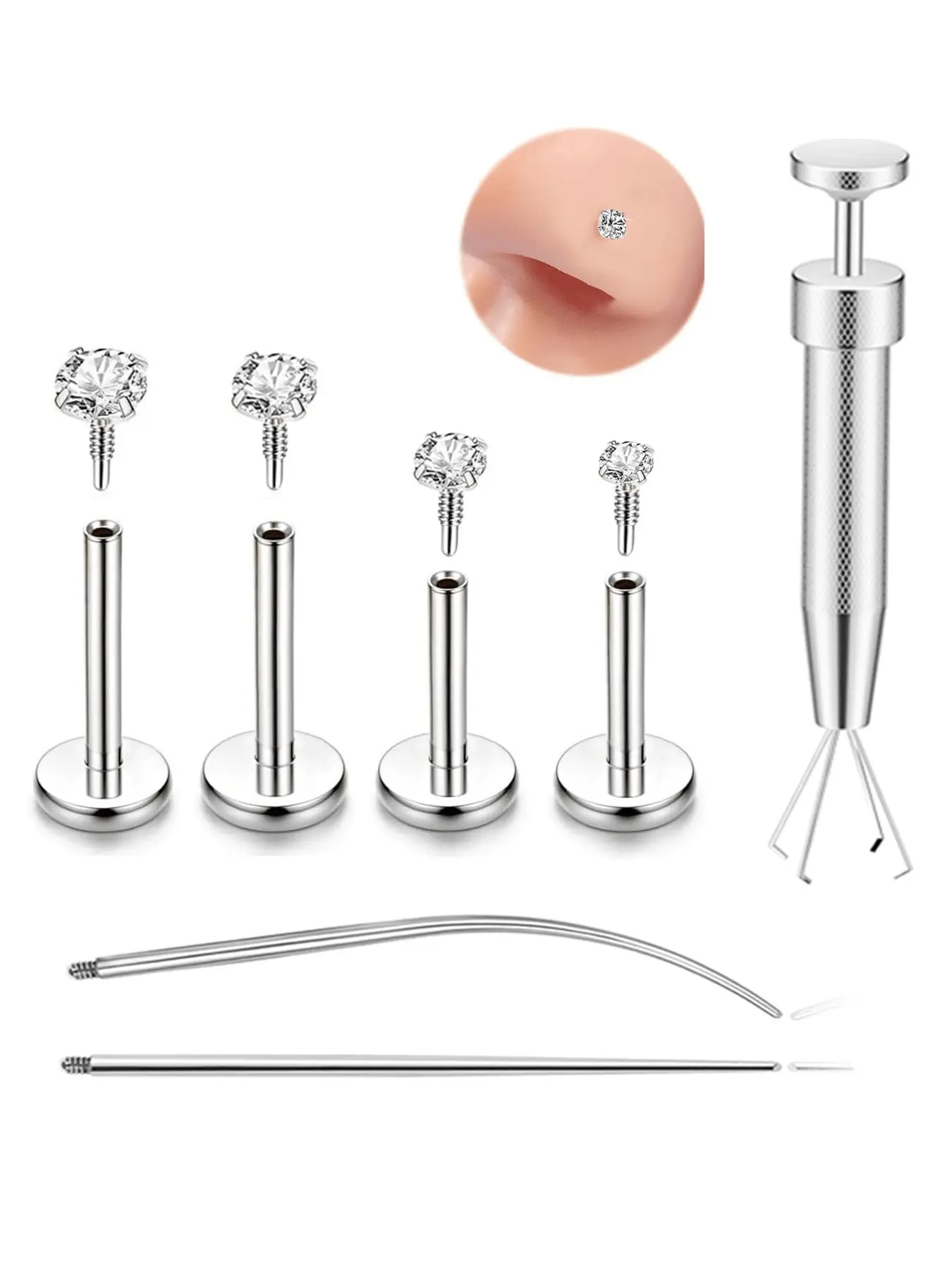 316L Surgical Steel Cz Labret Stud Piercing Kit, Disposable Piercing Tool, Cartilage Tragus Helix Piercing, Sensitive Skin Friendly