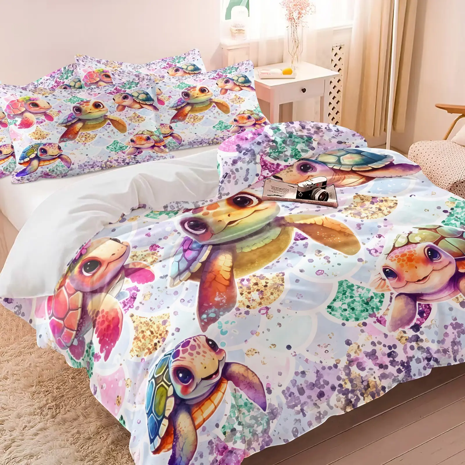 3PCS Watercolor Rainbow Sea Turtle Duvet Cover Set (1 Duvet Cover + 1-2 Pillowcases), Glitter Mermaid Scale Cute Tortoise HD Digital Print, Soft Cozy Skin-Friendly All Seasons Bedding, Perfect for Ocean Girls Kids Bedroom Decor, Breathable Duvet Set