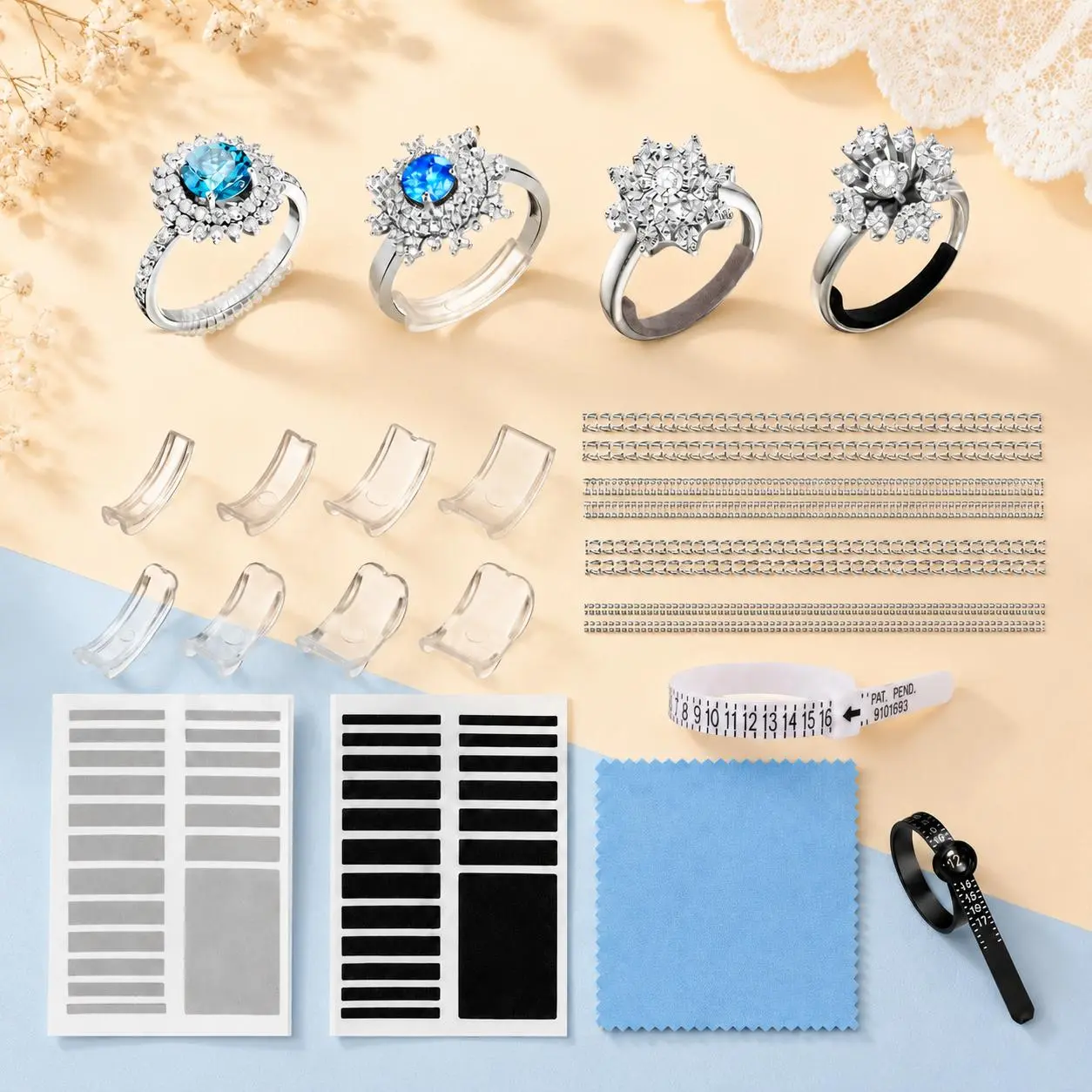 21Pcs Invisible Ring Size Adjuster for Loose Rings, Unisex Ring Tightener with Inserts, Spirals and Sizing Strips, Anti-Spin Ring Resizer for Wedding Bands, Engagement Rings, Couple Rings and Daily Wear