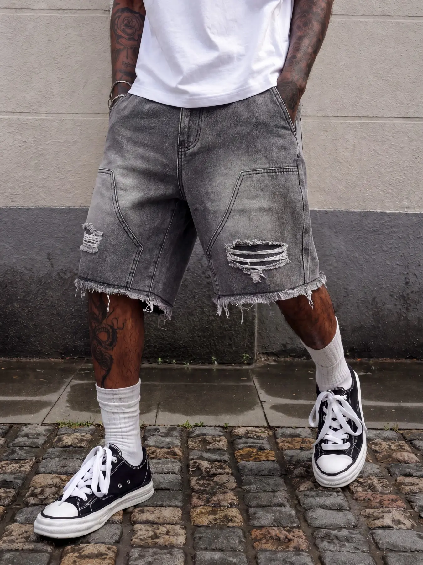 Men's Solid Color Frayed Ripped Pocket Denim Shorts, Y2K High Street Skate Summer Style, Suitable as a Gift for Husband or Boyfriend