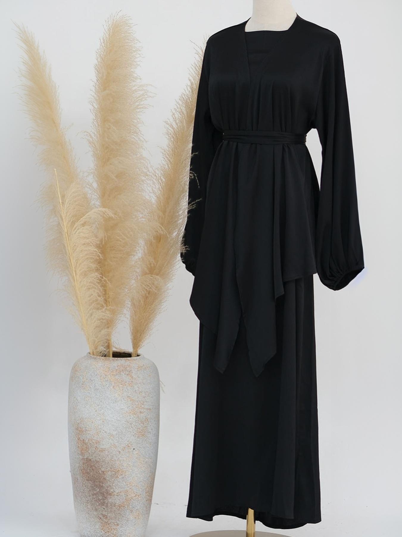 Two-Piece Set Women's Plain Lantern Sleeve Asymmetrical Hem Belted & Tank Dress Islamic Set, Abaya Hijab Set, Modest Casual Two Piece Outfits for Daily Outdoor Wear, Ladies Clothes for All Seasons