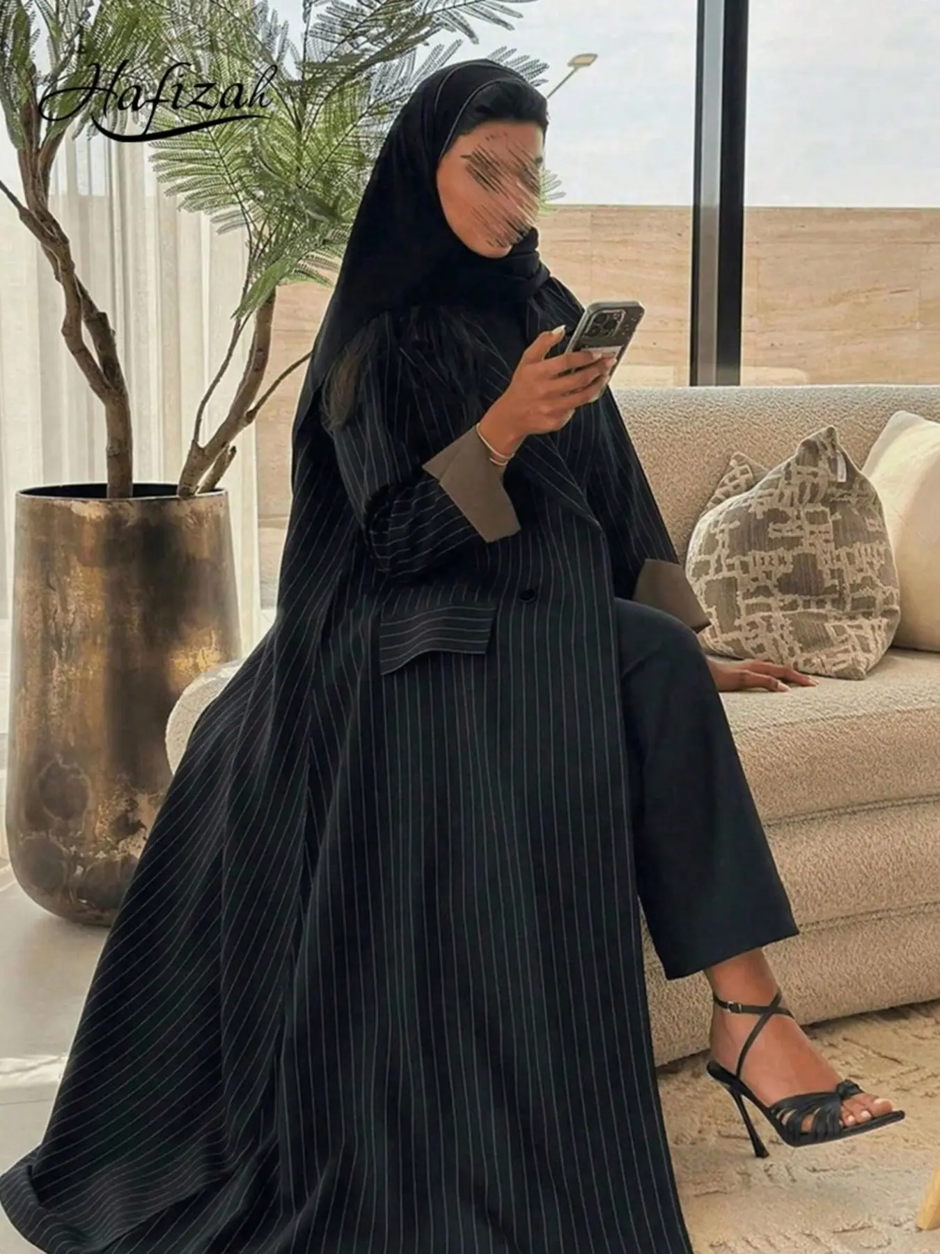 Striped Lapel Contrast Cuff Long Blazer Coat, Loose-Fitting Business Casual Women's Outerwear, All Season Fashion