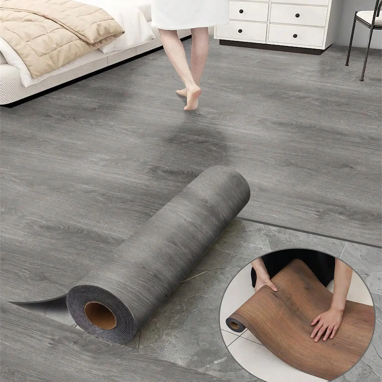 Luxury Thicken Wood Grain Peel and Stick Floor Tiles Self-Adhesive Vinyl Flooring Roll-DIY Easy for Wall and Floor,Hard Surface/Waterproof/Anti Slip (Gray Vinyl Flooring, 17.72 "W X 118" L)