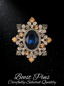 Vintage Snowflake Brooch, Large Oval Sapphire Blue Center Crystal with Champagne & Smoke Rhinestone Surround, Antique Silver Tone Floral Statement Lapel Pin, Women's Formal Dress & Coat Jewelry, Ideal Gift for Wedding & Holiday Occasions