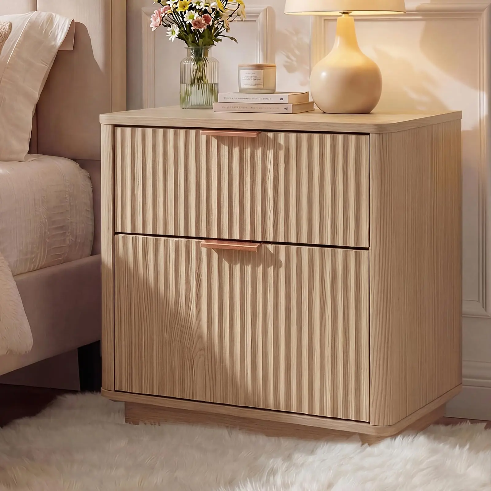 Fluted Wood Bedside Table - 2-Drawer Indoor Furniture with Charging Station, Modern Mid-Century Design, Curved Profile, Metal Handles, 1pc for Bedroom, Living Room,dorm essentials,home decor