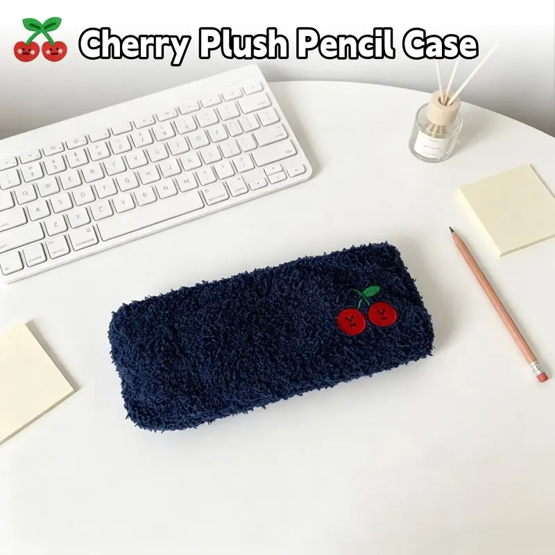 Vintage Cherry Embroidered Plush Pencil Case, Cute Large Capacity Student Stationery Bag, Korean Style Soft Storage Pack, Durable Dark Color
