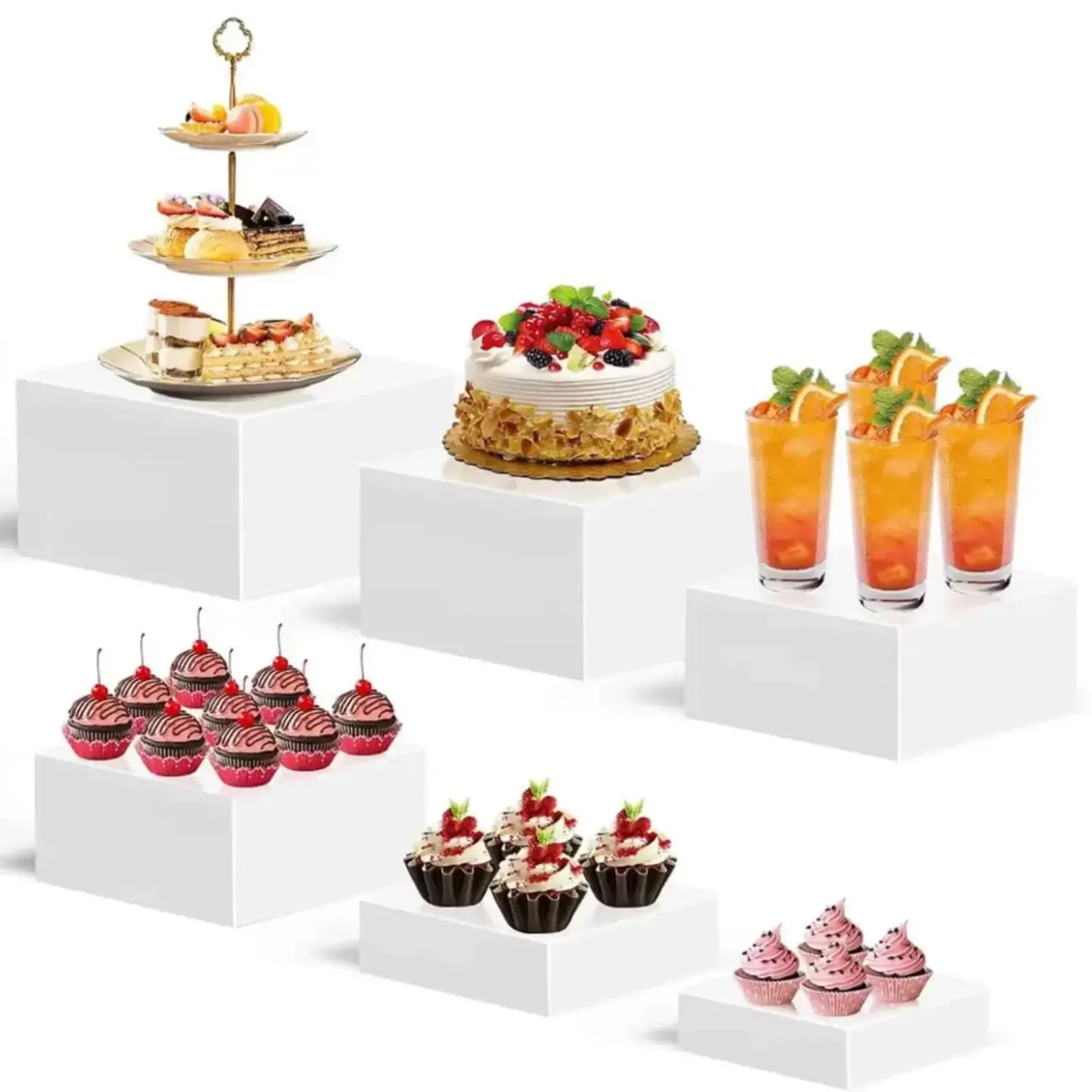 Garvee 6PCS Cube Shape Acrylic Nesting Buffet Risers Set - Multi-Size Hollow-Bottom Platforms (6in-11in) for Table Display, Catering Desserts