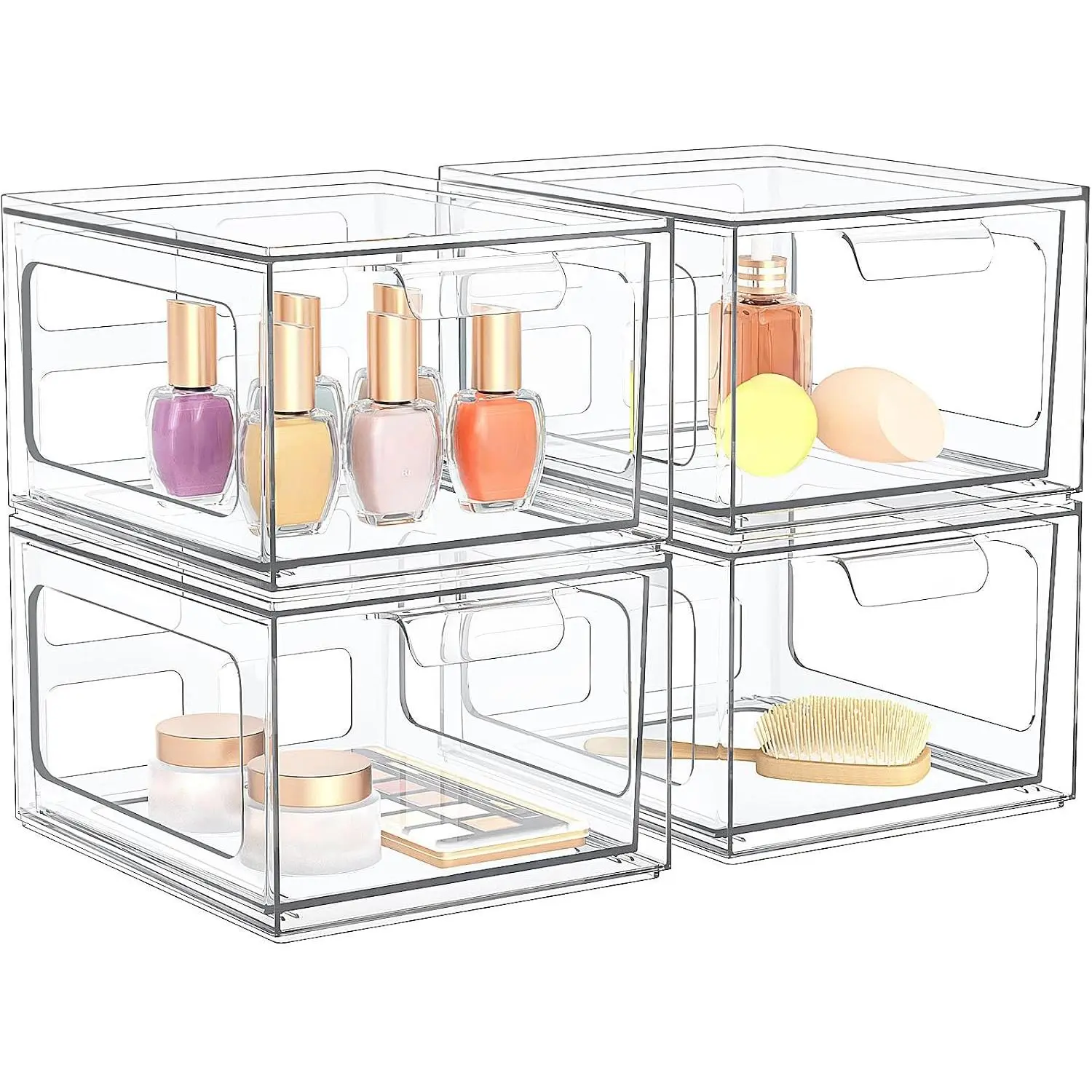 4 Pack Stackable Plastic Makeup Organizer Drawers,  Organizers, Clear Storage Bins with Pull-Out Handles for , Kitchen Cabinets, Pantry