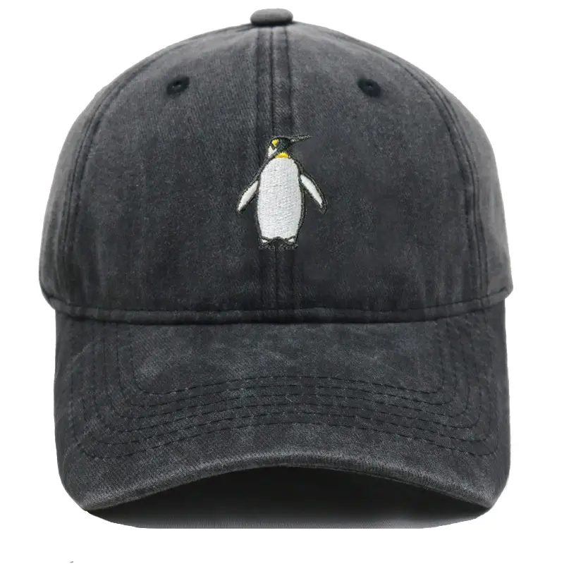 Unisex Cute Penguin Embroidered Washed Fabric Baseball Cap - Minimalist Vintage Sun Hat with Duckbill Brim, Versatile Student Casual Wear for Spring Summer Daily Use