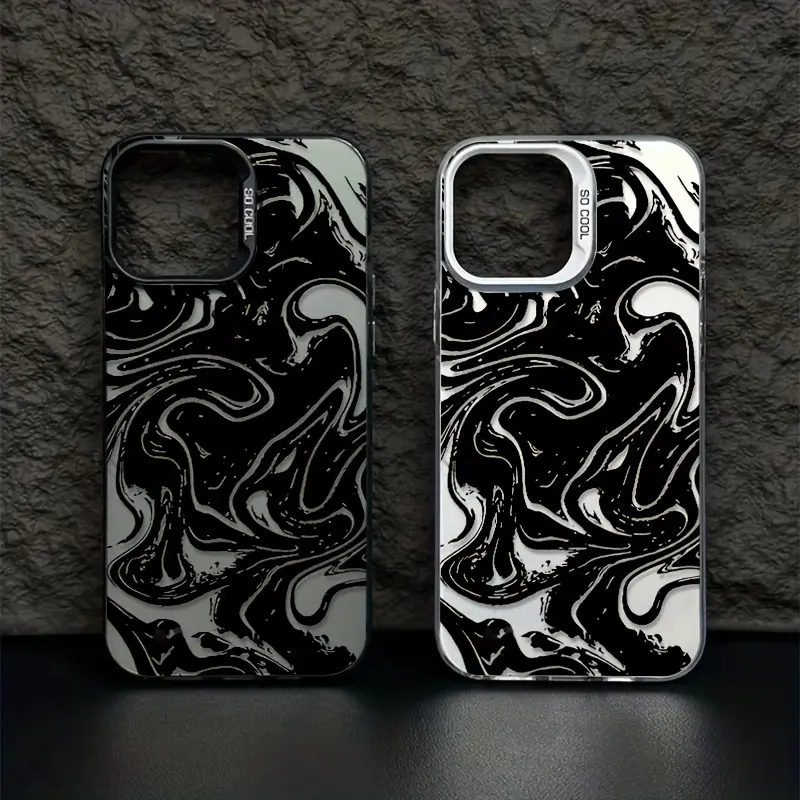 Monochrome Liquid Marble Phone Case, Black White Swirl Hard-Shell Cover for iPhone 17 16 15 14 13 12 11 X Plus Pro Max, Minimalist Desk Gift