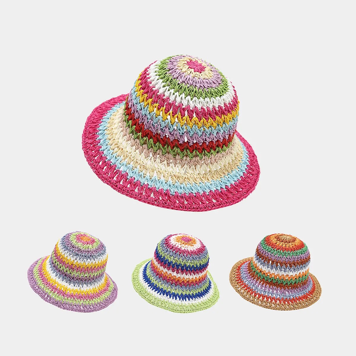 Women's Crochet Rainbow Bucket Hat, Handmade Woven Panama Cap, Foldable Sun Protection Headwear, Sun Protection Clothing, Beach & Vacay Accessory, All Seasons Sports & Outdoor Gear, Foldable Cap,camping essentials, Rainbow Stripes