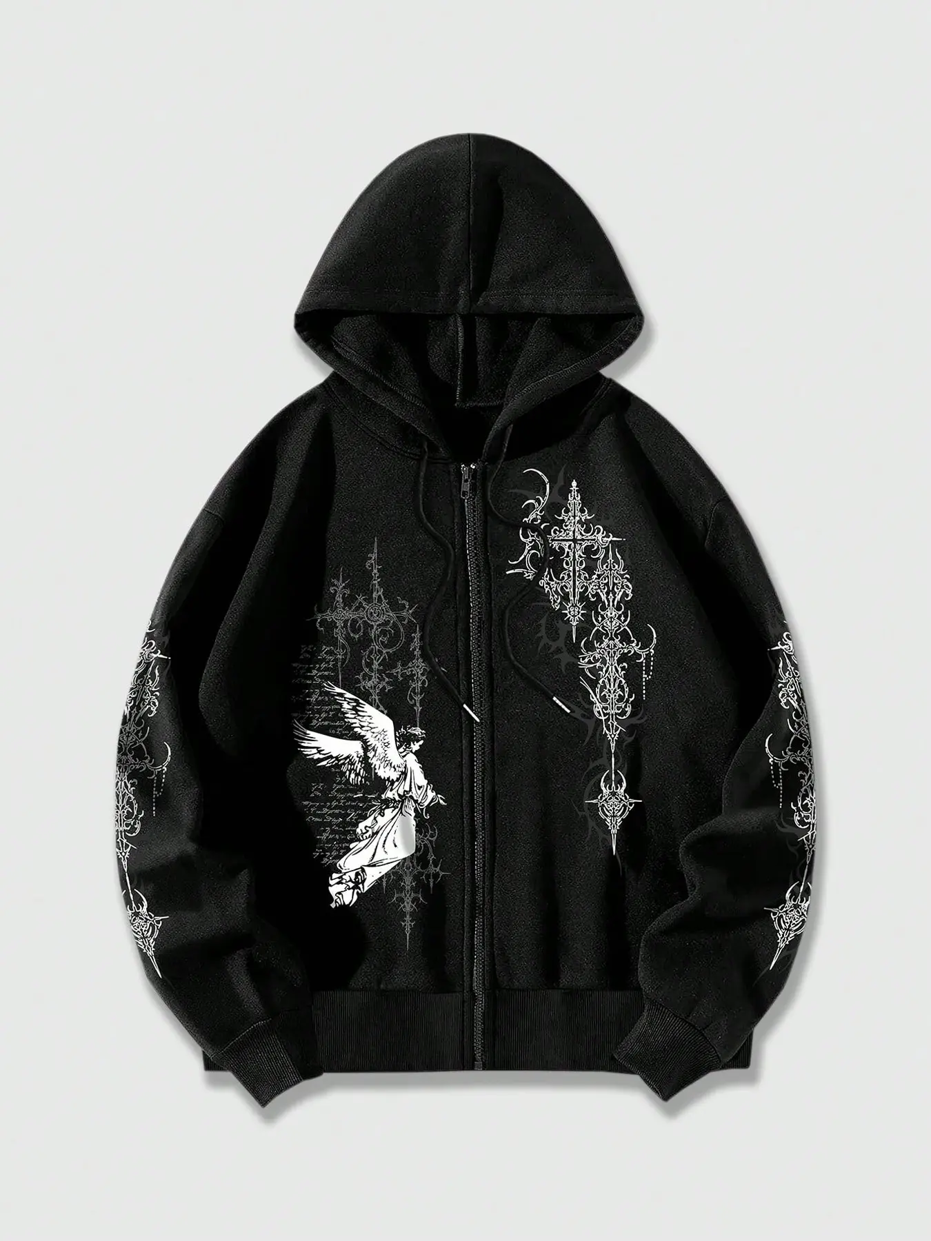 Men's Gothic Style Spring Casual Graphic Angel Wings Print Hooded Sweatshirt, Long Sleeve Loose Fit, All Seasons Wear