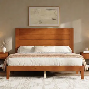 Solid Wood Platform  Frame with 48 Inch Headboard Mid Century Modern  with Silent Wood Slat System No Box Spring Needed Under  Storage Space for Bedroom Guest Room wooden