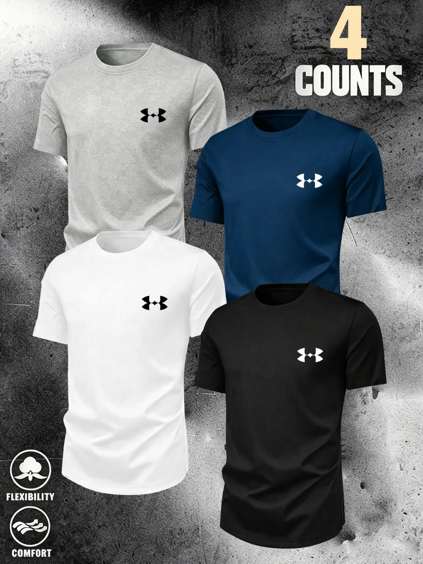 Men's High-Elastic Sporty Short Sleeve T-Shirt, Breathable Cotton, Casual Loose Fit, 4-Pack, Multiple Colors, Geometric Print