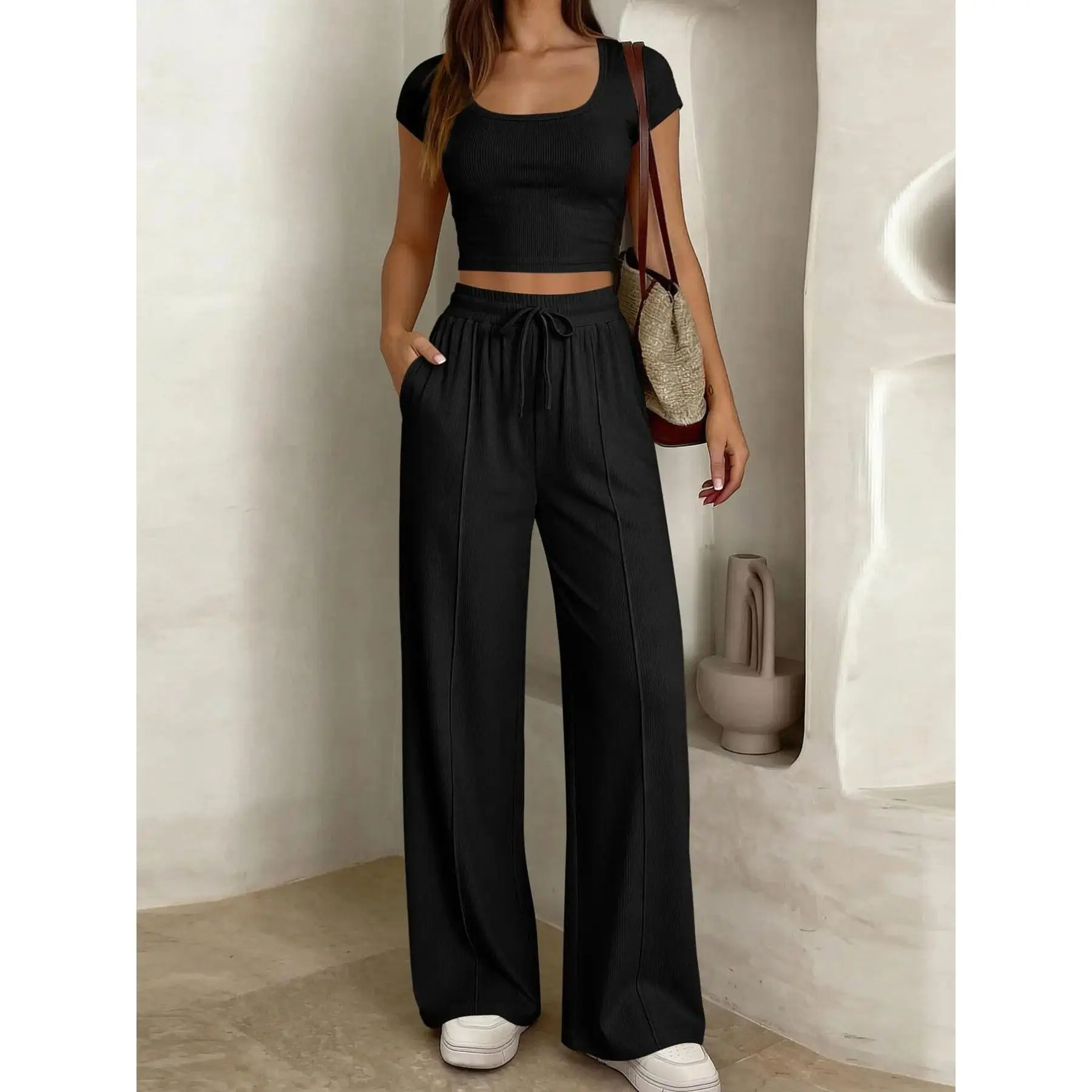 Womens Summer 2 Piece Outfit Short Sleeve Top And Drawstring Pants Casual Matching Coordinated Set Two Piece Loungewear For Ladies Daily Wear Vacation Shopping