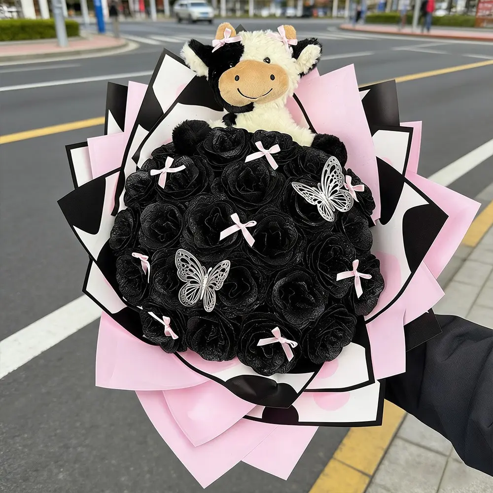24/36 DIY Glitter Artificial Decorative Rose & Cow Plush Bouquet, Perfect Handmade Mother's Day Gift, Ideal for Birthday, Wedding, Valentine's Day & All Special Occasions