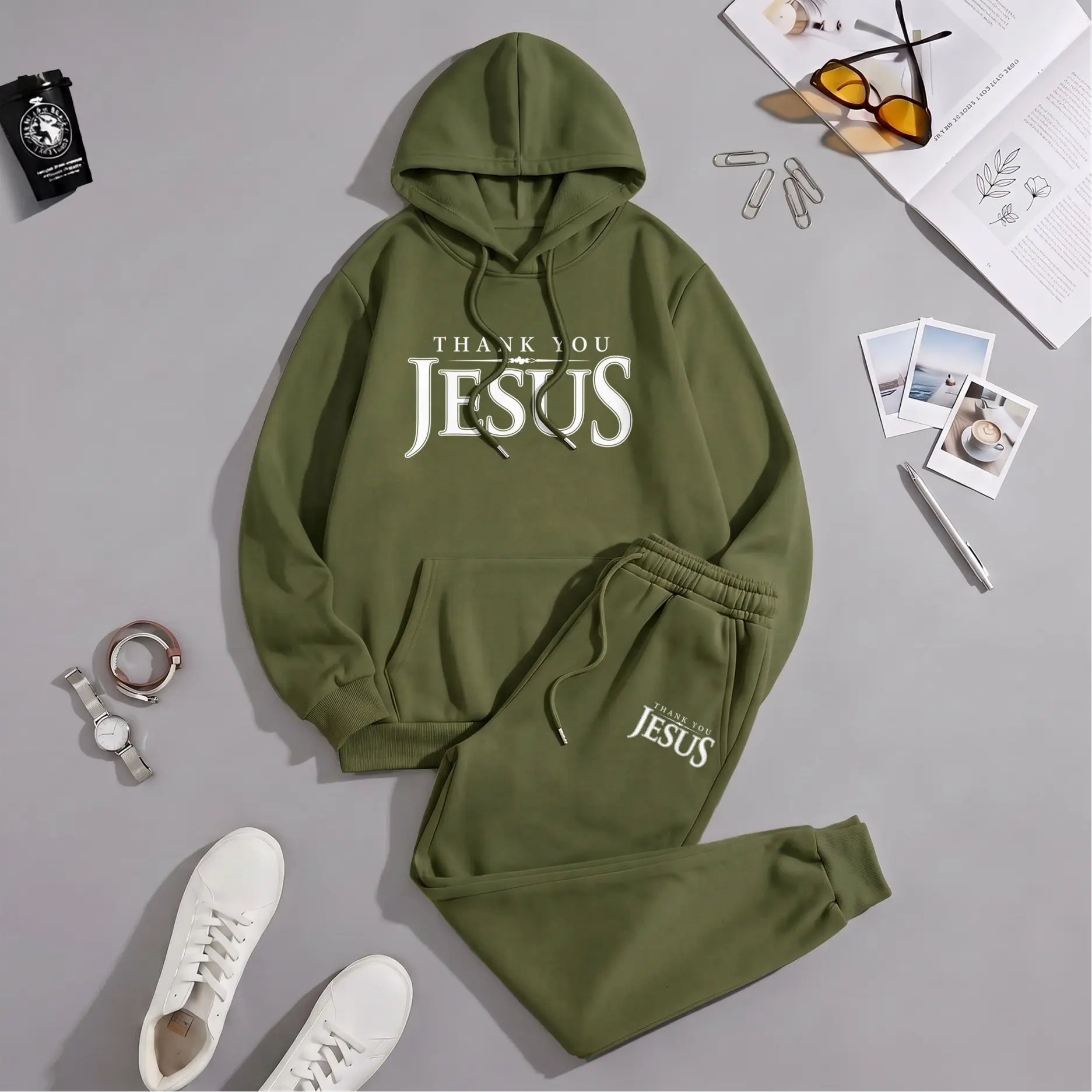 Men's Minimalist Christian Thank You Jesus Print Hoodie & Sweatpants Set - Loose Fabric Menswear, Long Sleeve Pullover, Drawstring Jogger Pants, Casual Fall Winter Athleisure Tracksuit, Polyester, Breathable, Letter Print, Machine Wash
