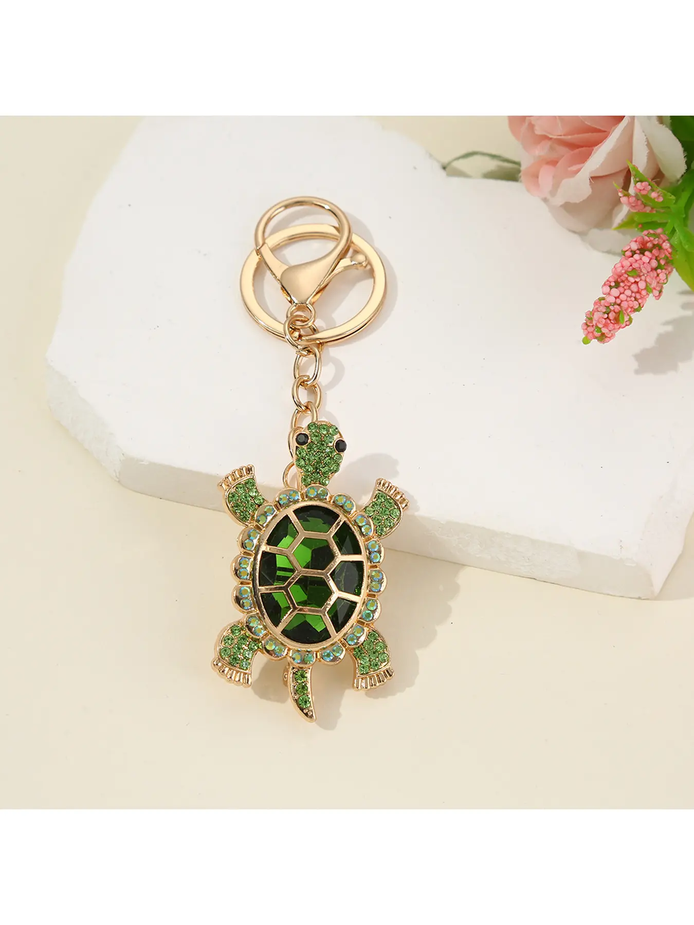 Cute Rhinestone Turtle Keychain, Metal Animal Bag Charm Pendant, Fashion Key Ring Accessory