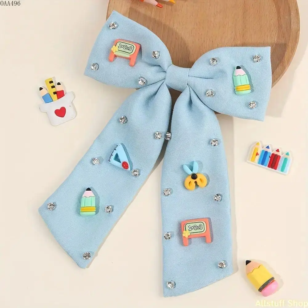 Back to School Bow Hair Clip for Girls, Ribbon Hair Bow With Pencil, Notebook and Ruler Charms, Cute Hair Accessory for School Days, Parties and Everyday Wear