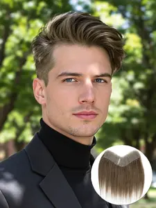 Exquisite Olive brown Men's Hairline Toupee V-Looped Natural Human Hair Toupee Thin PU Skin Mens Hairpieces Hair Replacement System Invisible Can Be Trimmed