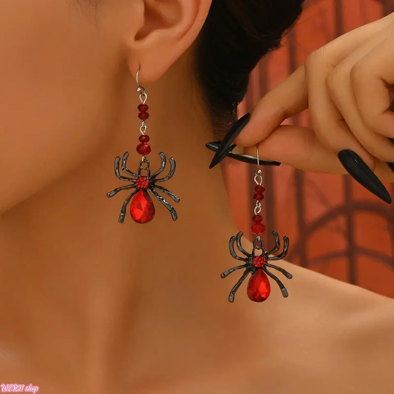 Gothic Dark Spider Dangle Earrings Inlaid Red Rhinestone, Vintage Halloween Dark Style Ear Jewelry, Spooky Costume Accessories For Party Cosplay & Street Gothic Outfits