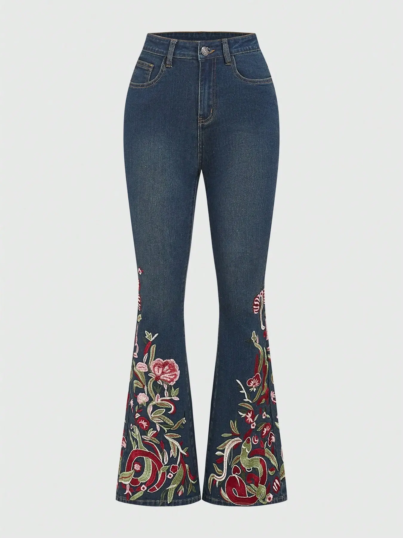 American Vintage Distressed Flare Jeans for Women, Floral Embroidery High Waist Slim Fit, Micro Flare Horsehoe Pants, Retro Style Denim