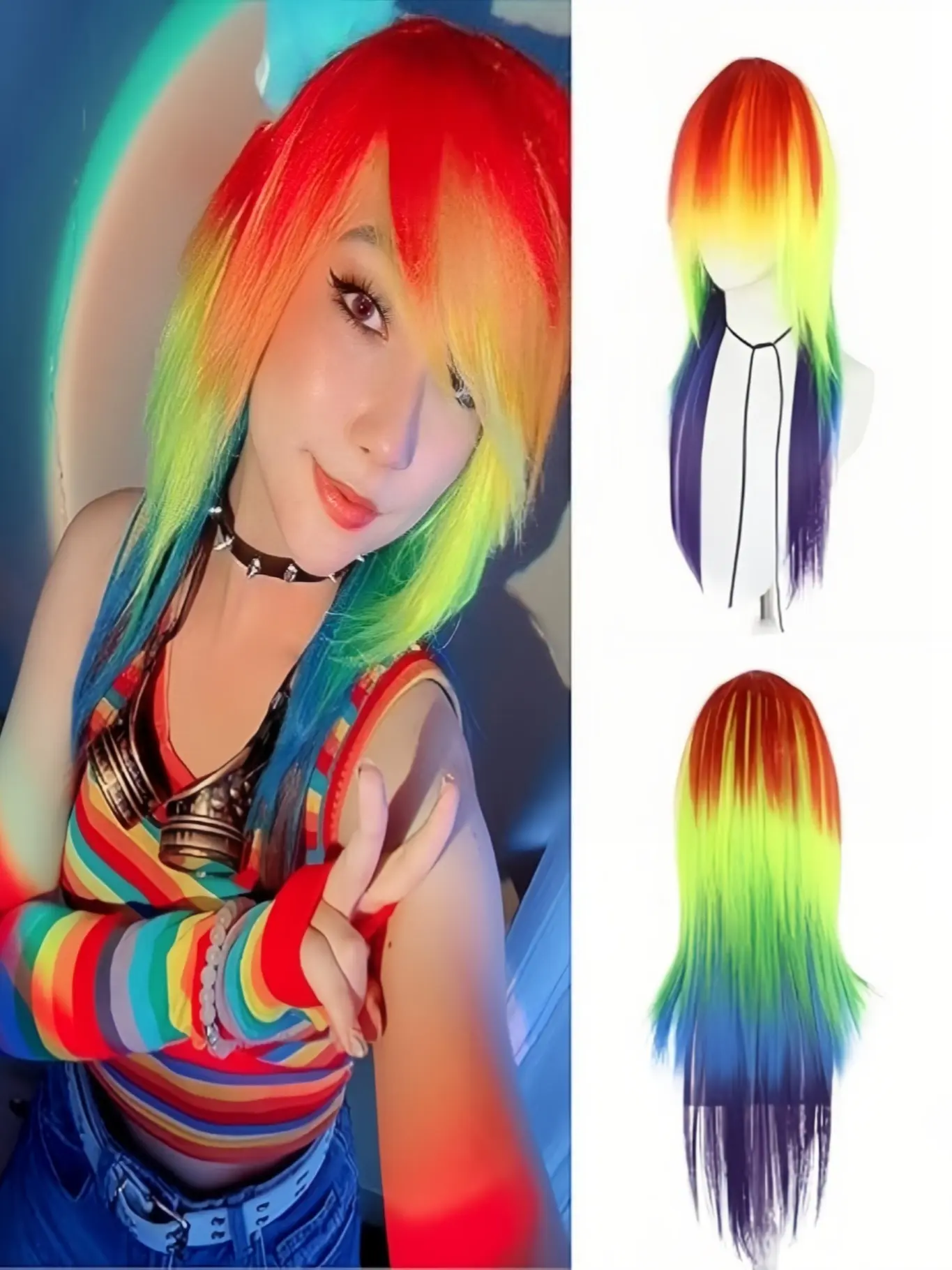 Rainbow Wig Scene Long Straight Colorful Premium Synthetic Hair, Pride Wigs for Women Men, Multi-Colored Wigs for Anime Cosplay, Halloween Costume