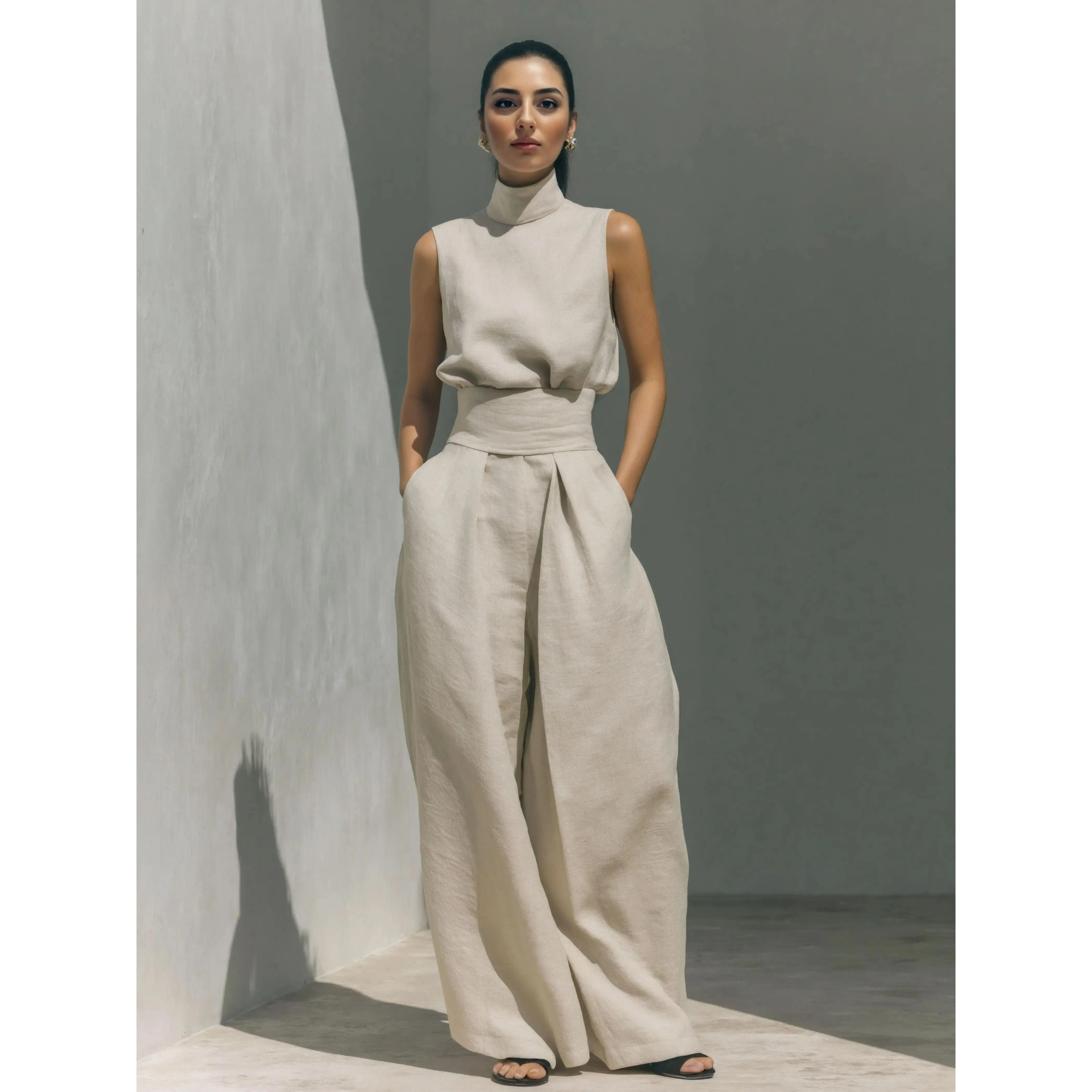 Elegant Linen Blend two piece set for Women, Chic Mock Neck Sleeveless Halter Top with High Waisted Wide Leg linen pants, Trendy Old Money Aesthetic matching set and 2 piece sets women for Summer Vacation, Office and Resort Wear Outfit  Outfit Womenswear