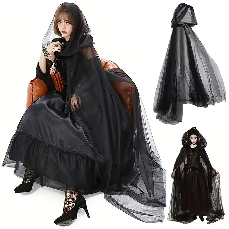 1PC Black Bridal Shawl, Witch Vampire Cosplay Veil, Halloween Double Cape Game, Horror Party Costume, Props, Carnival Costume And Black Lace Mask
