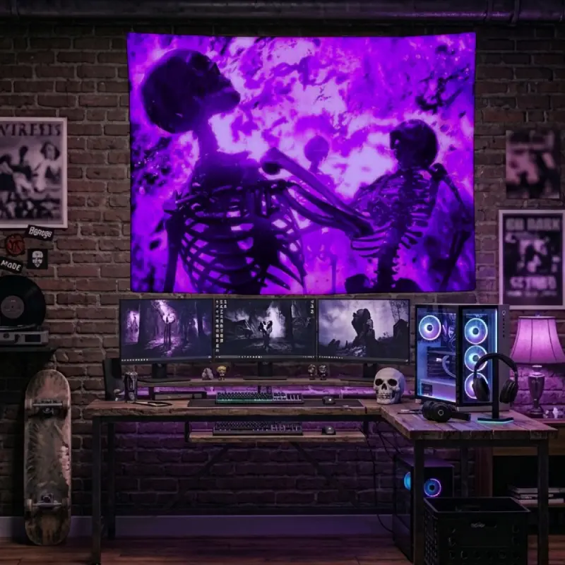 Trippy Neon Purple Skeletons Tapestry Psychedelic Spooky Witchy Gothic Skull Bones Art Wall Hanging Grungy Vibrant Aesthetic Boy Cave Bedroom Gaming Room Decor Dorm Banner Blanket