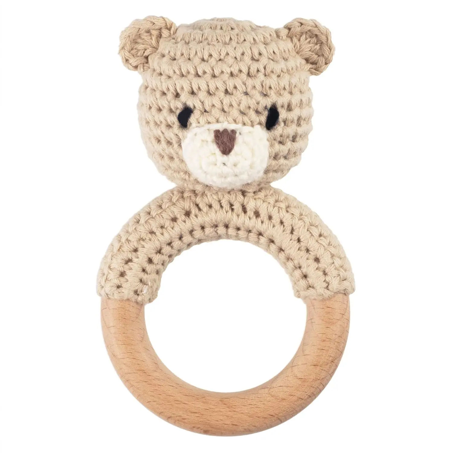 Safari Animals Wooden Baby Rattle & Stuffed Crochet Teether Ring Toy for Newborn, Beige Bear(Gift)
