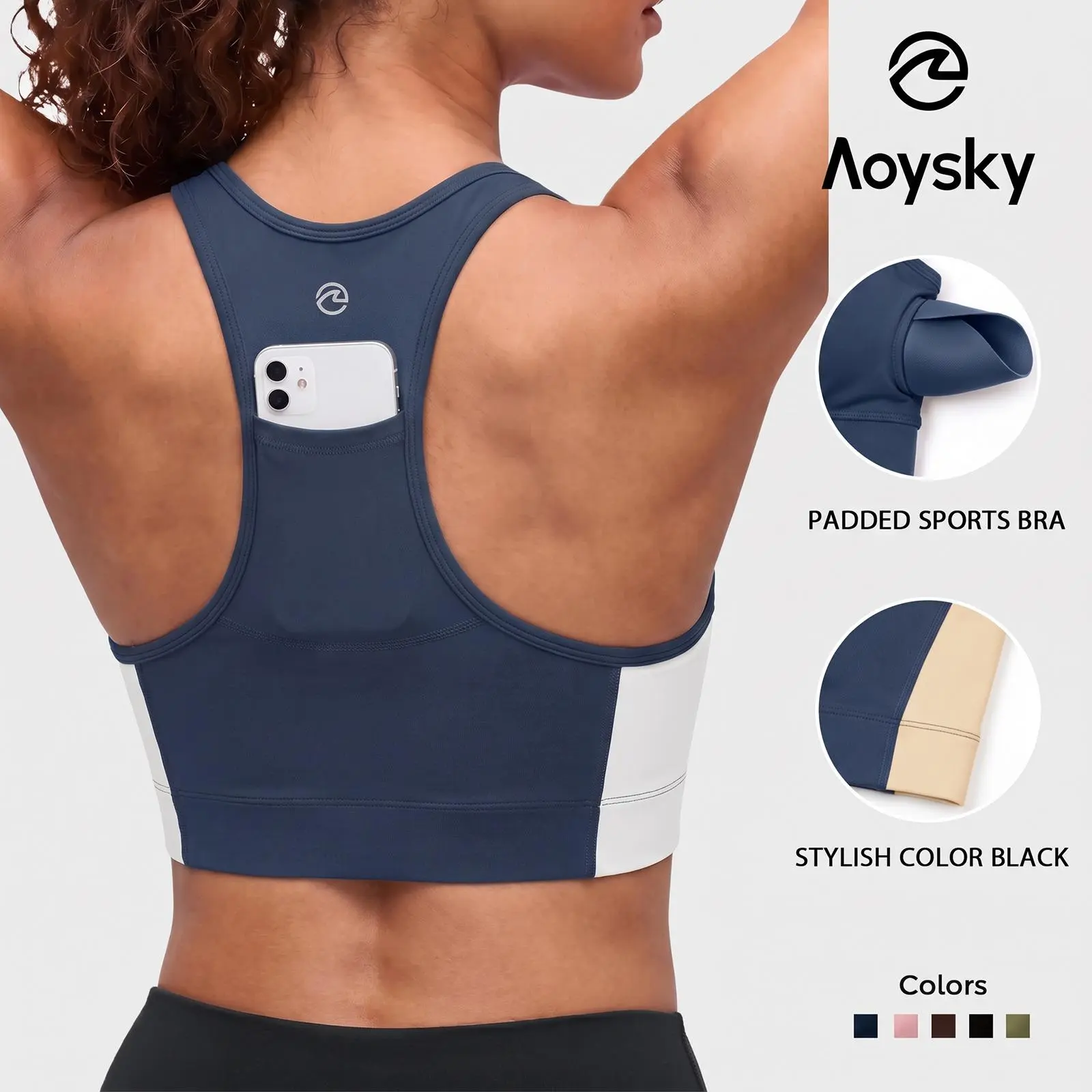 Aoysky Women's Color Block Sports Bra - Padded Racerback Yoga Wear Crop Top with Back Pocket for Workouts, Workout Bras, Women Workout Clothes