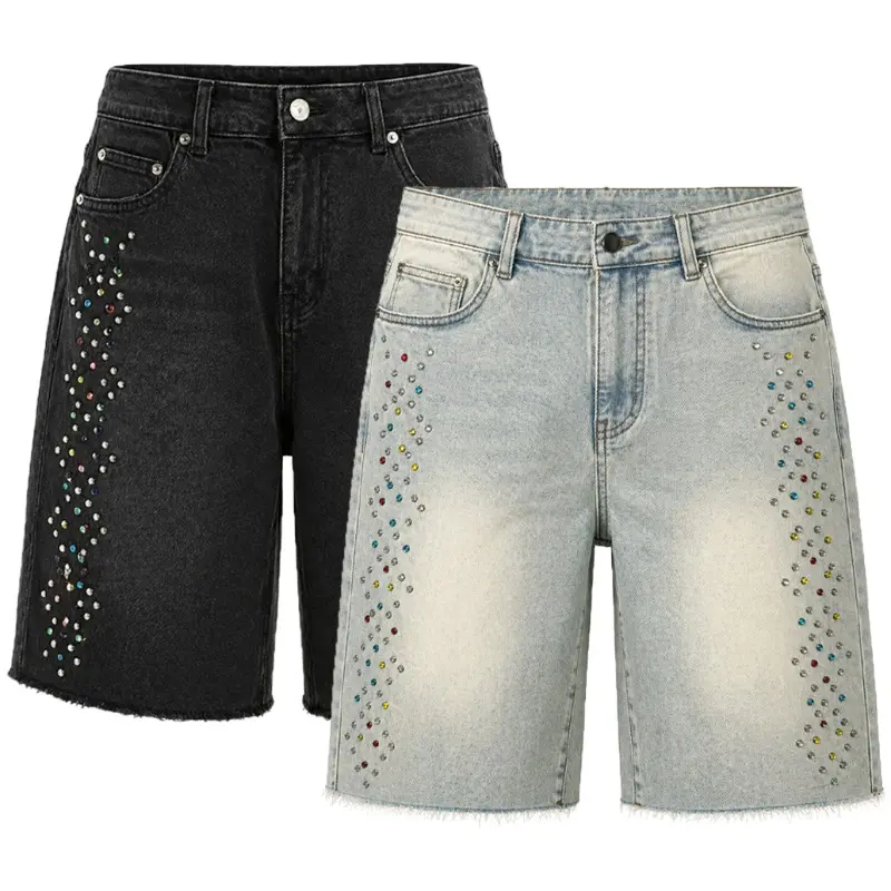 Men Colorful Rhinestone Embellished Denim Shorts Raw Frayed Hem Knee Length Straight Fit Five Pocket Zip Fly Y2K Vintage Hip Hop Streetwear Summer Jean Jorts 2 Colors Black Light Acid Wash