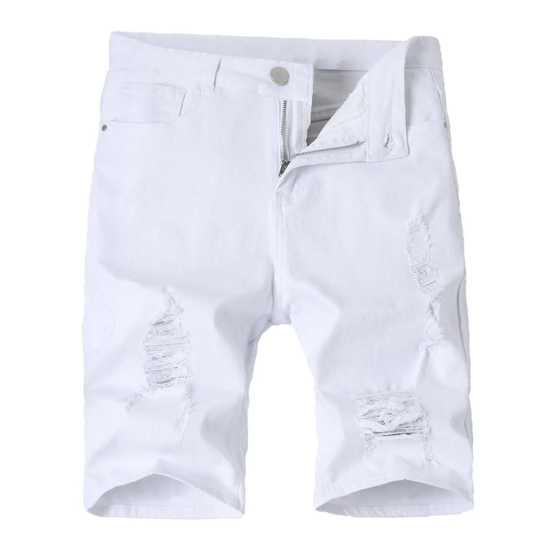 Men's Cotton White Distressed Ripped Denim Shorts, Y2K Streetwear Summer Casual Jean Shorts, Knee-Length Bottoms, High Street Fashion Staple