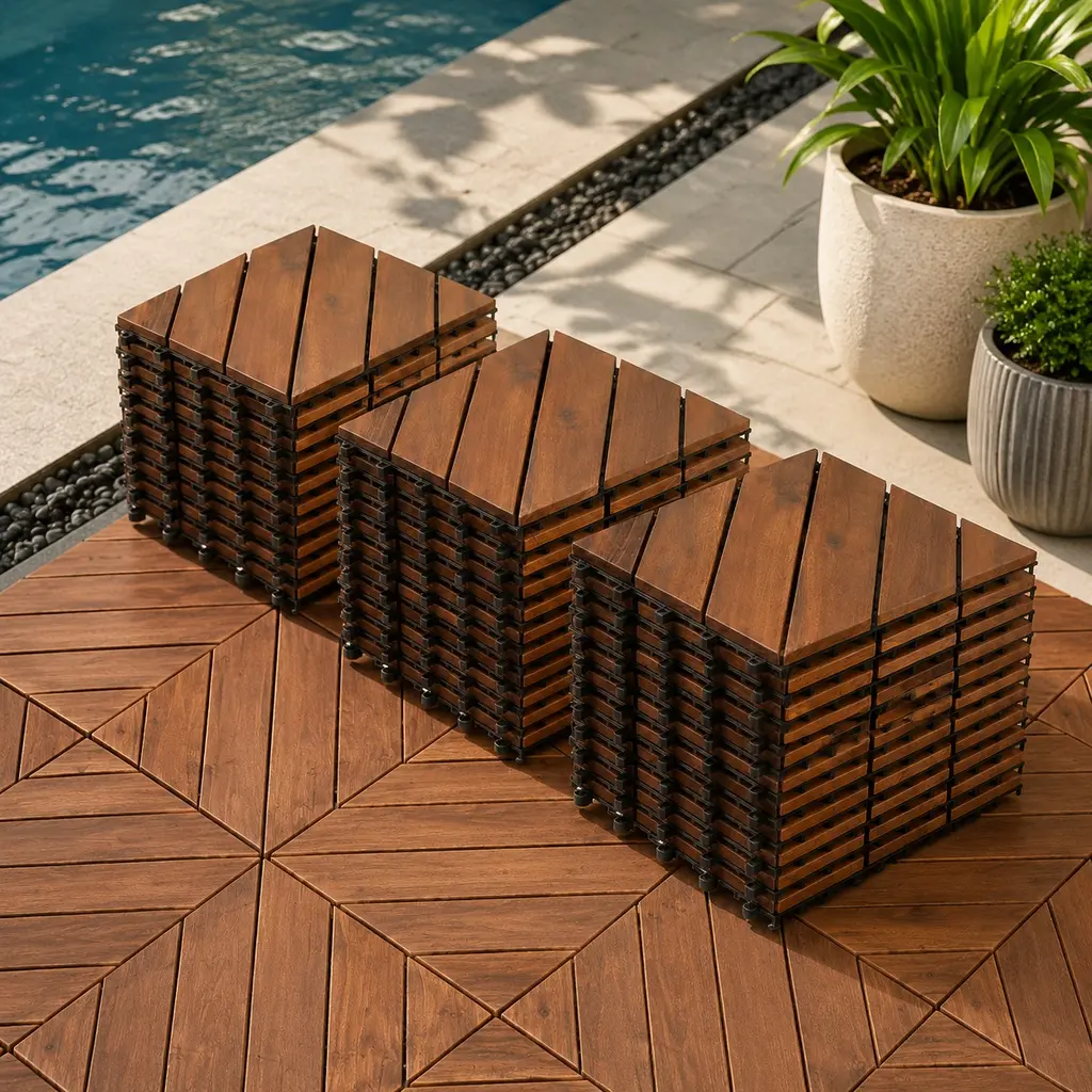 ARCH 12" x 12" Interlocking Acacia Wood Flooring Tiles - 27-Piece Diagonal Click-Parquet, Waterproof All-Weather Outdoor, Easy Snap-Together Install, Natural Finish for Patio, Backyard Entertaining Spaces (27 sq ft)