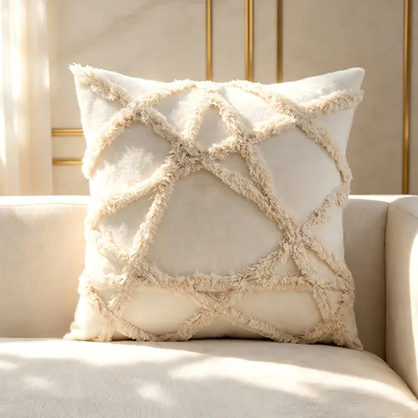 Pre-order 18×18 inch Cream Geometric Tufted Decorative Cushion Cover, Textured Fringe Embellished Cushion Cover with Embroidery Craft for Sofa, Farmhouse Boho Home Decoration, Room Decor, Living Room, Linen Blend, Tufted Embroidery