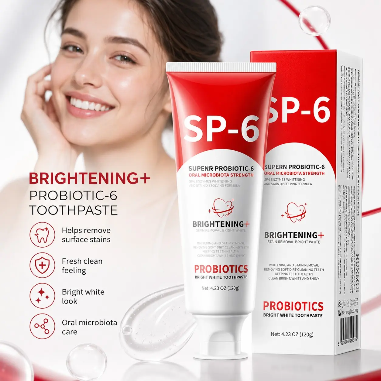 Probiotic-6 Whitening Toothpaste, Stain Removal Formula, Fresh Breath Oral Care, Clean Healthy Bright Teeth, Convenient Flip Top Design