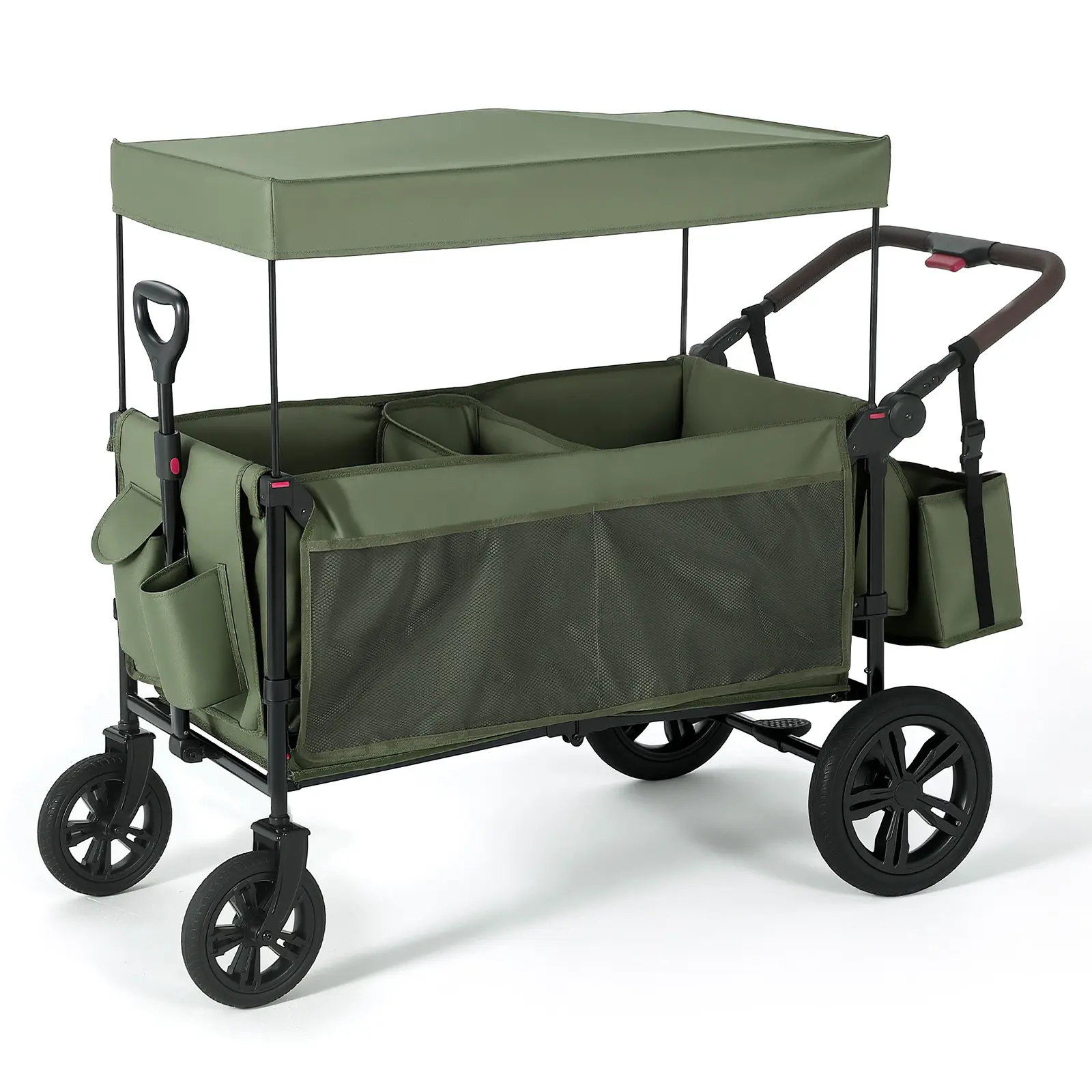Collapsible All-Terrain 2-Seater Kids Wagon Stroller with One-Hand Push-Pull Handle, Removable Canopy, 5-Point Harness & Large Storage Pocket