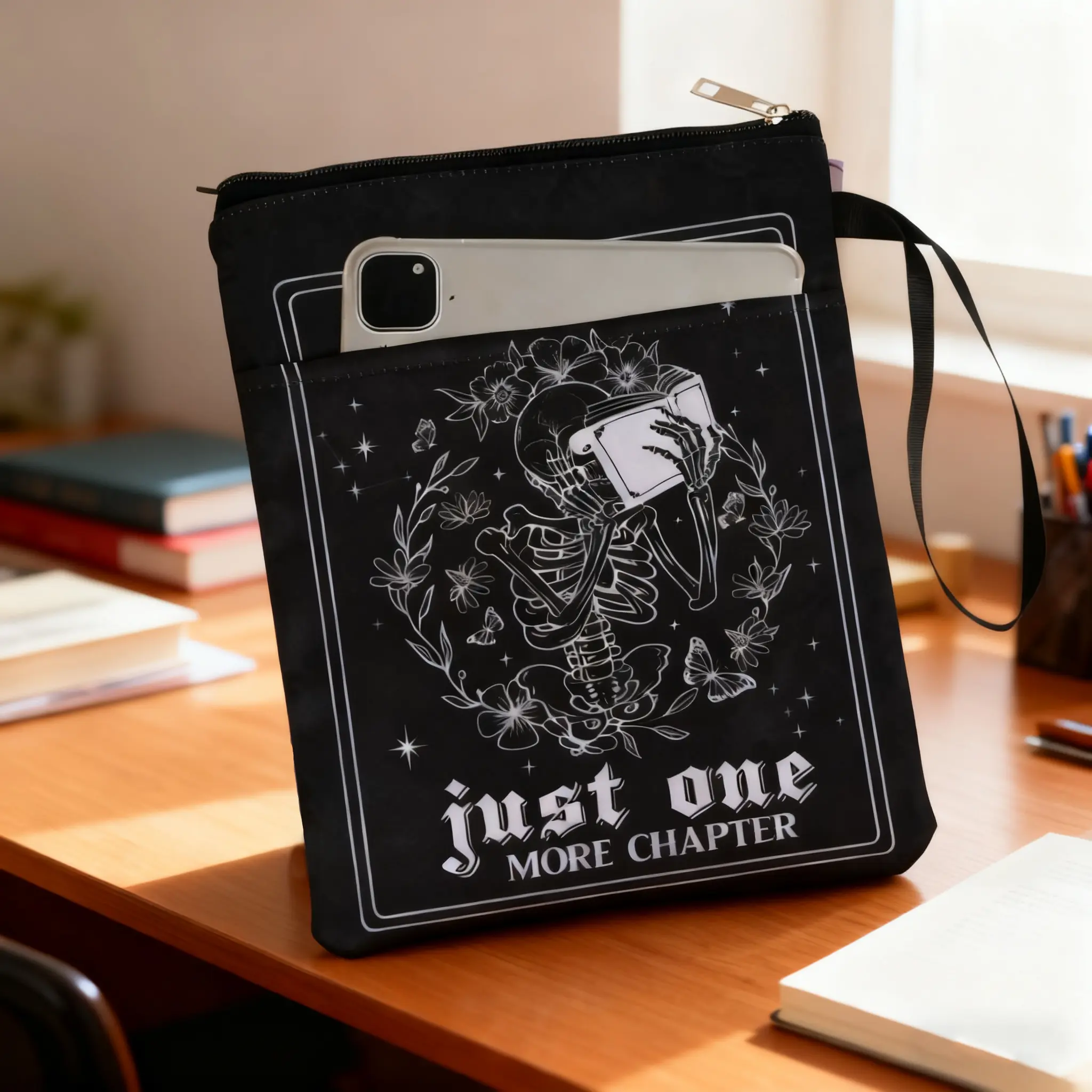 Skull & Flower Pattern Zipper Book Cover, 1 Count Waterproof Zippered Book Pencil Case, Desk Organizer for Home Office School