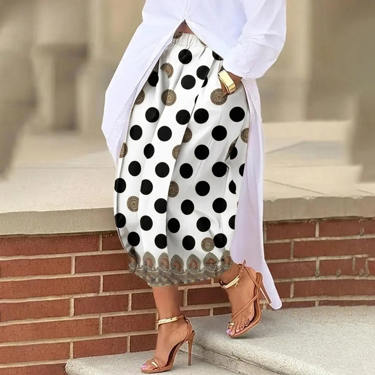 Women's Vintage Polka Dot Cropped Palazzo Pants – High Waist Elastic Wide Leg Midi Trousers with Pockets, Flowy Resort & Casual Summer Bottoms (Size Down for Slim Fit),clothes for back to school,first day of school outfits