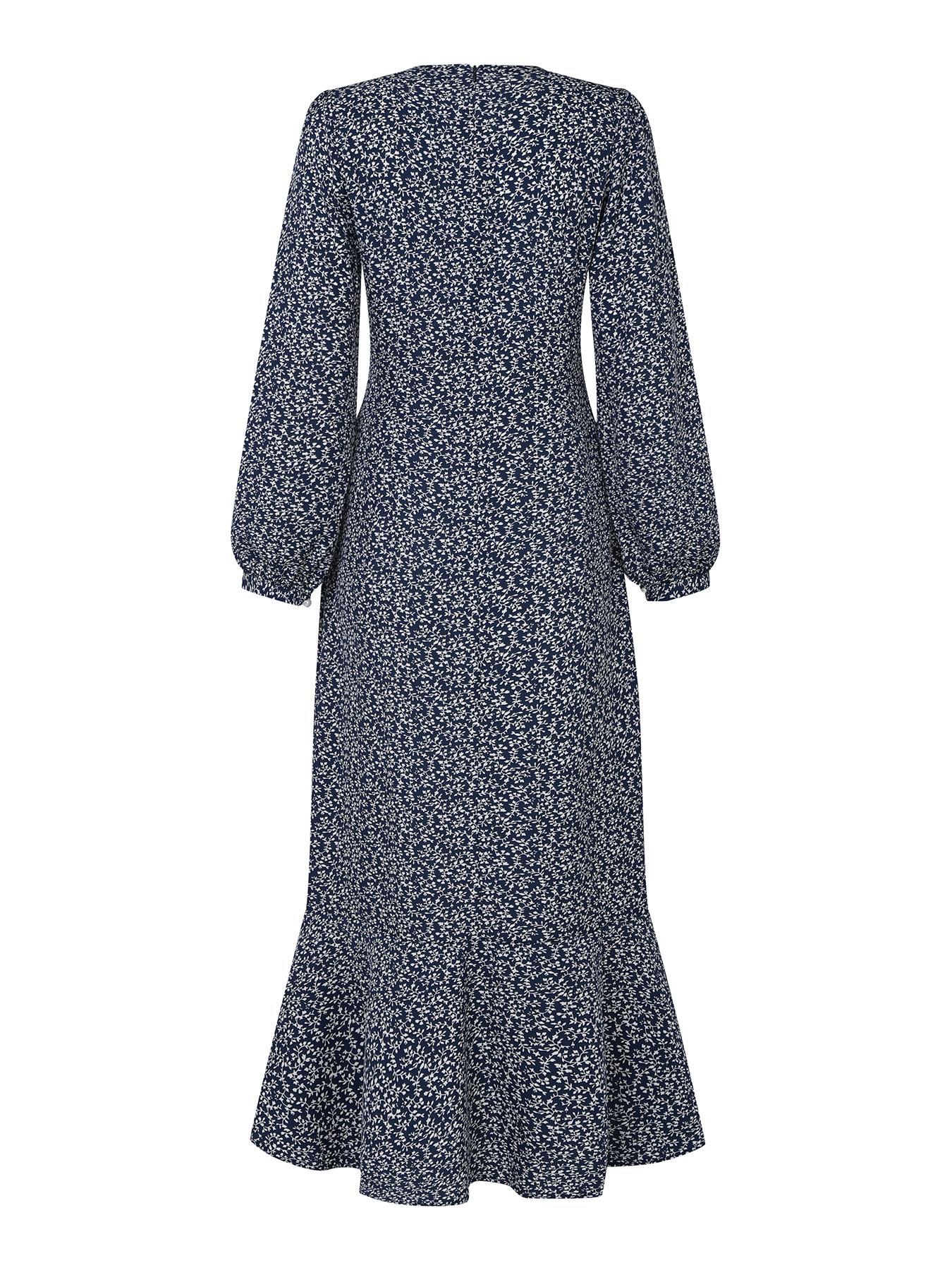 Women's Ditsy Floral Print Button Front Bishop Sleeve Ruffle Hem Flowy Long Dress, Casual Islamic Modest Style Clothing Modesty Wear Muslim Dress for Daily Wear Long Sleeve Dresses