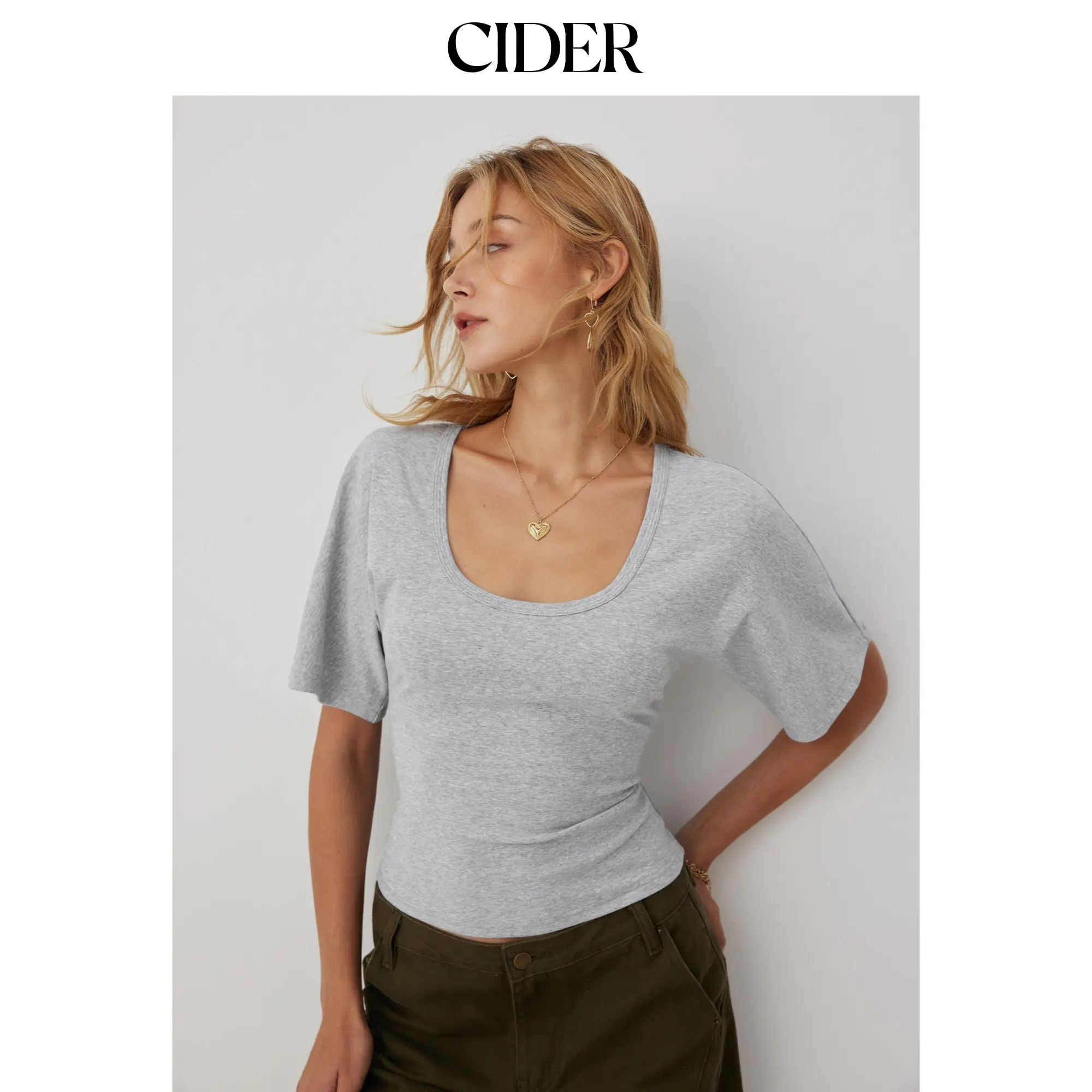 Cider Cotton-blend U-neckline Short Bell Sleeve Tee